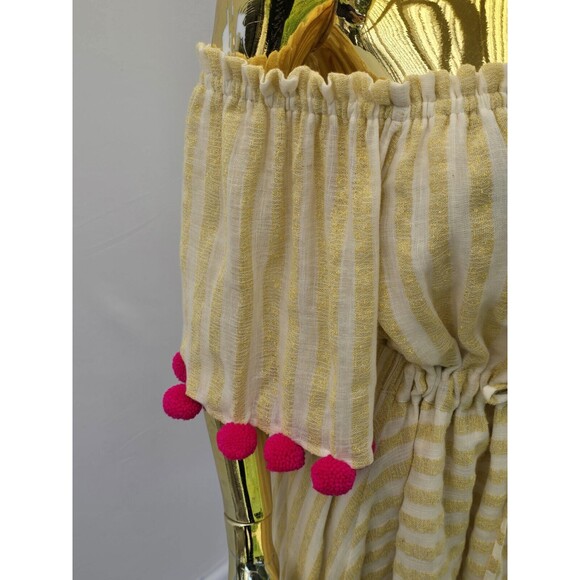 Revolve Sundress Alena High Low Off Shoulder Dress Yellow Stripe Pom Pom M/L - Picture 7 of 14